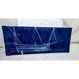 Vtg Cobalt Blue Pinque Barque Fileuse Glass Ship Blueprint Art Glass Decor 17"